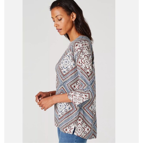 J. Jill Diamond Print Blouse Size LARGE 3/4 Sleeve Boat Neck Abalone Button Back - Picture 8 of 15